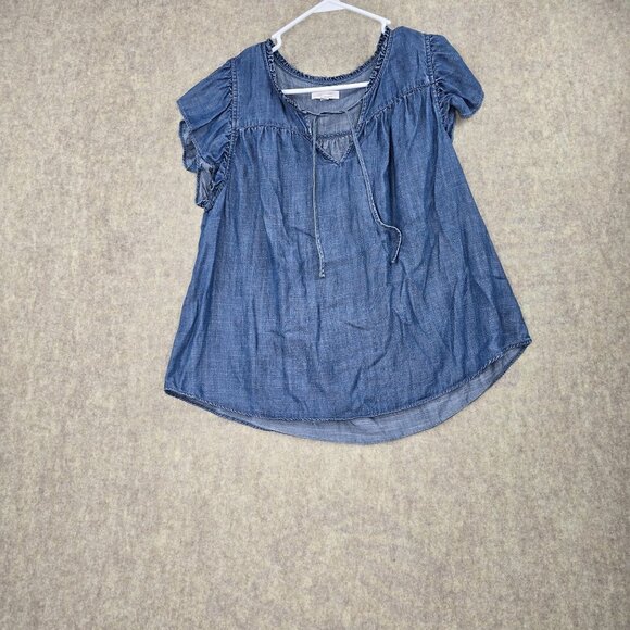 Lauren Conrad Womens Chambray Blue Tie-Neck Lightweight Short Sleeve Blouse - Picture 1 of 7